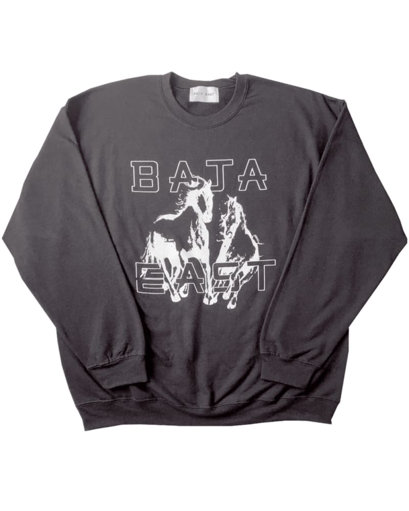 Front of a size 3 Fleece Crew With Freedom Horses in Black by BAST EAST. | dia_product_style_image_id:275137